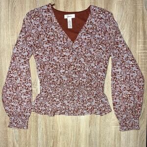 Japna Floral Smocked Blouse Long Sleeve Preppy
 Red and White